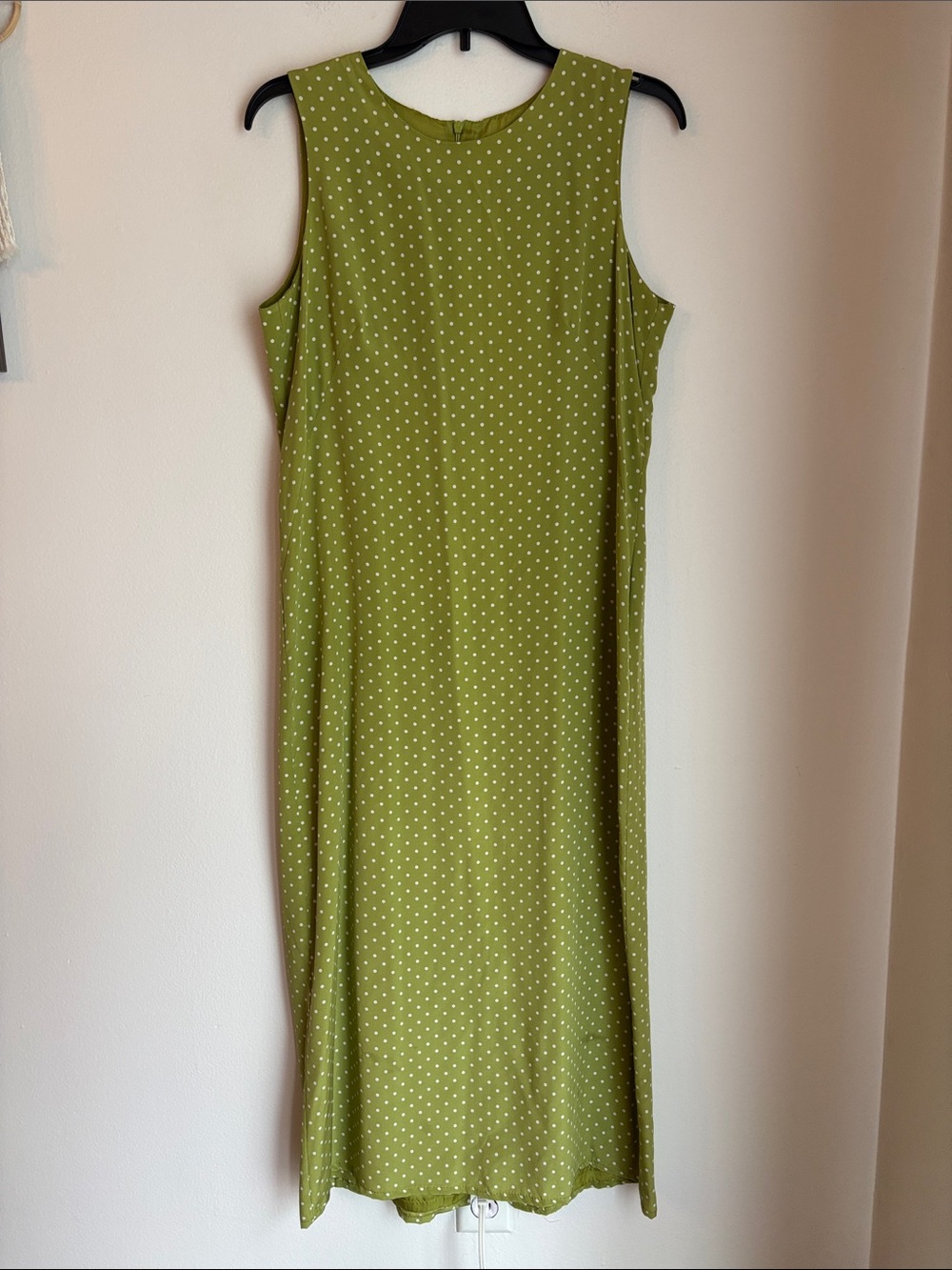 Vintage 100% silk Vision Sleeveless Green Polka Dot Maxi Dress women 10 READ